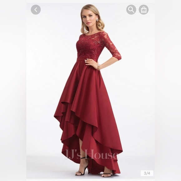 ASYMMETRICAL LACE SATIN EVENING DRESS WITH SEQUINS - Picture 2 of 7